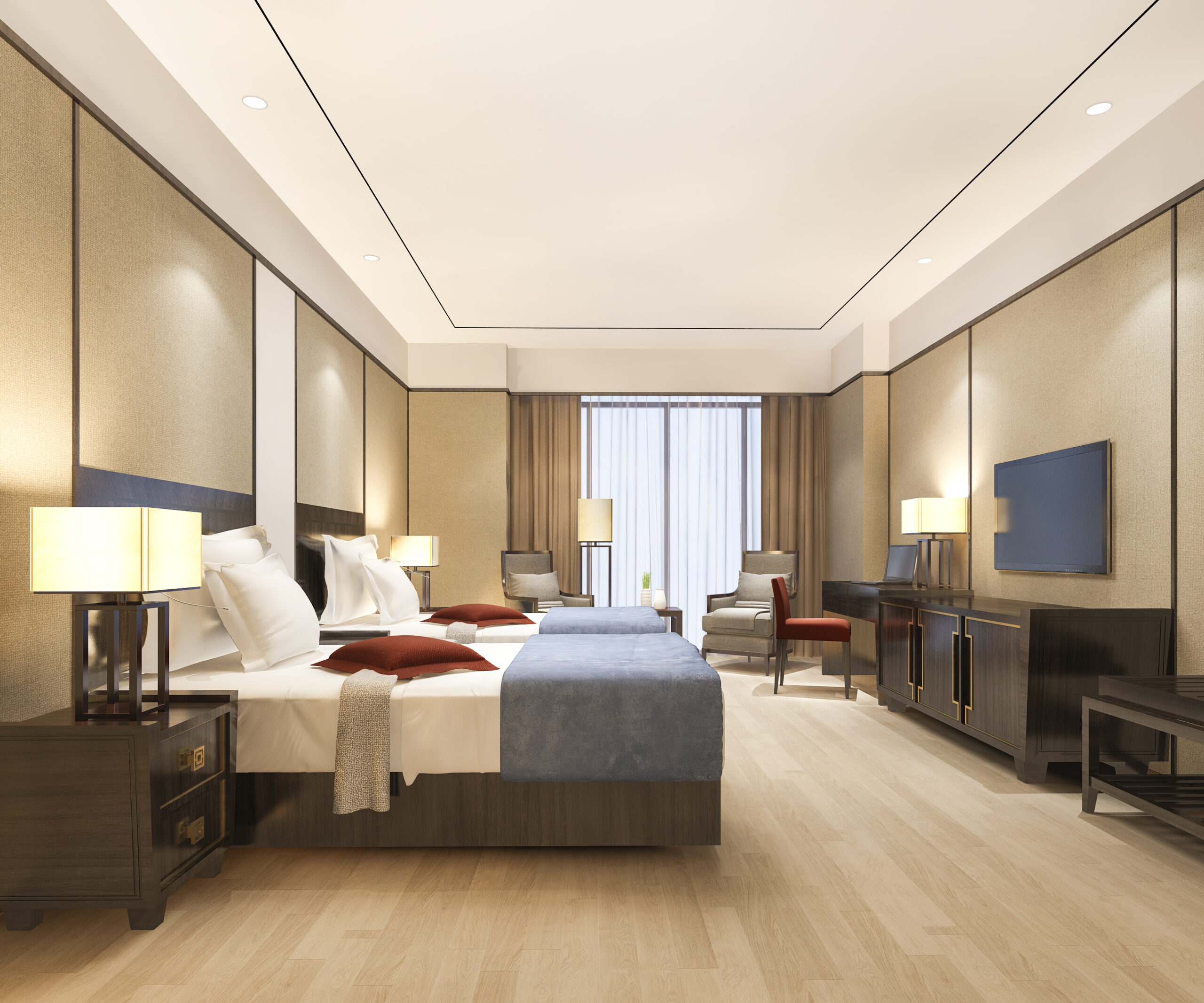 3d rendering luxury bedroom suite in resort high rise hotel with twin bed